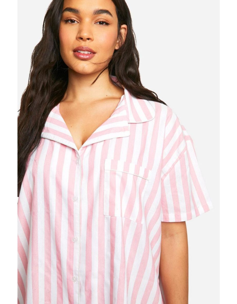 Plus Short Sleeve Cotton Stripe Nightshirt - pink - 3