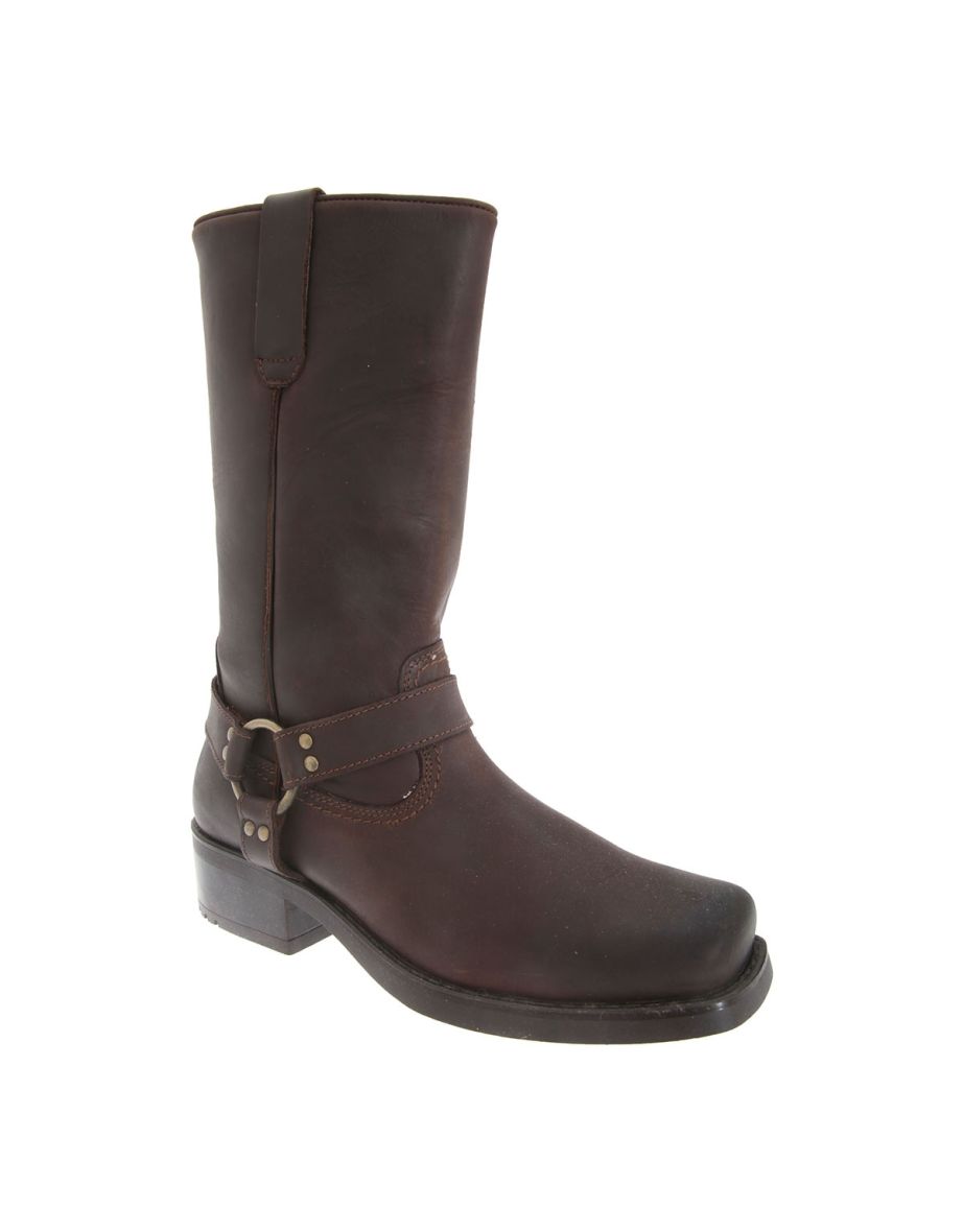 Woodland Mens High Harley Western Harness Leather Boots - Dark Brown