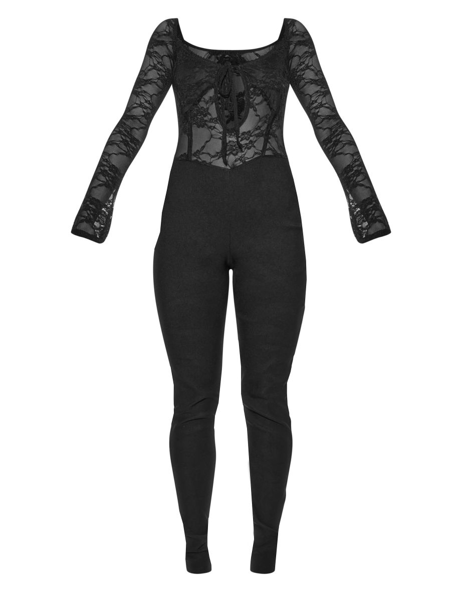 Black Lace Tie Long Sleeve Jumpsuit - 4