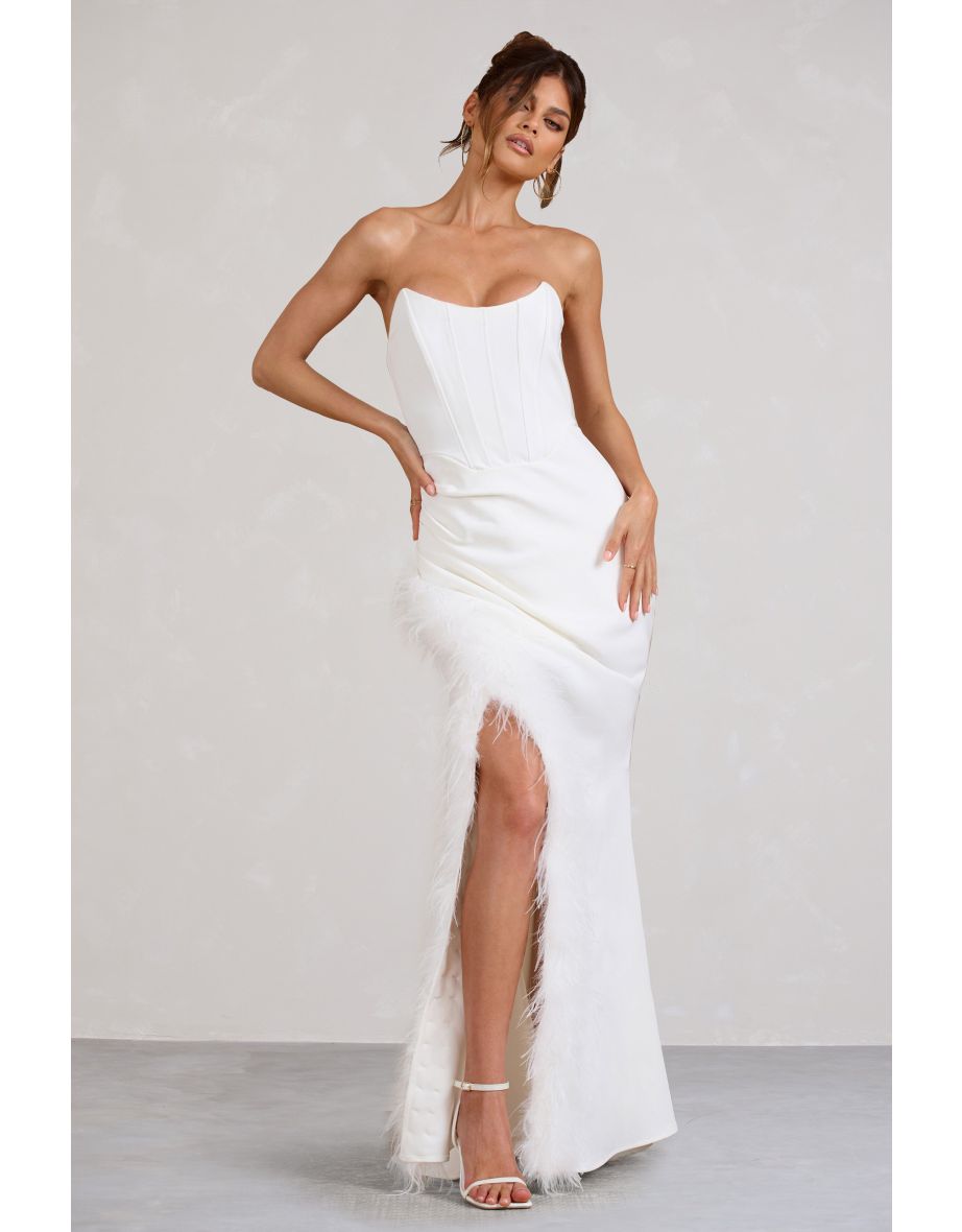 Say Yes | White Corset Maxi Dress With Split Feather Skirt - 5