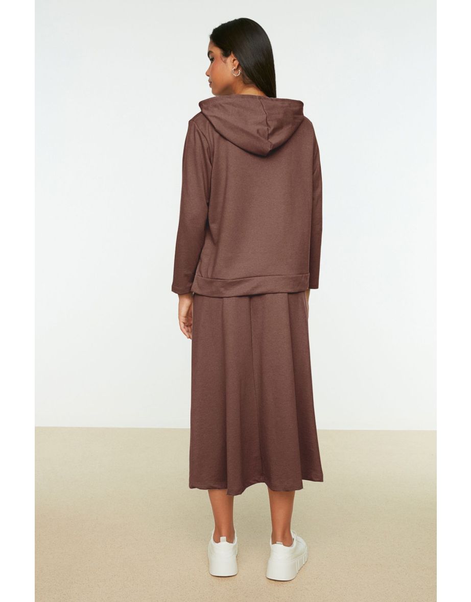 Brown Hooded Sweatshirt-Skirt Knitted Set - 4
