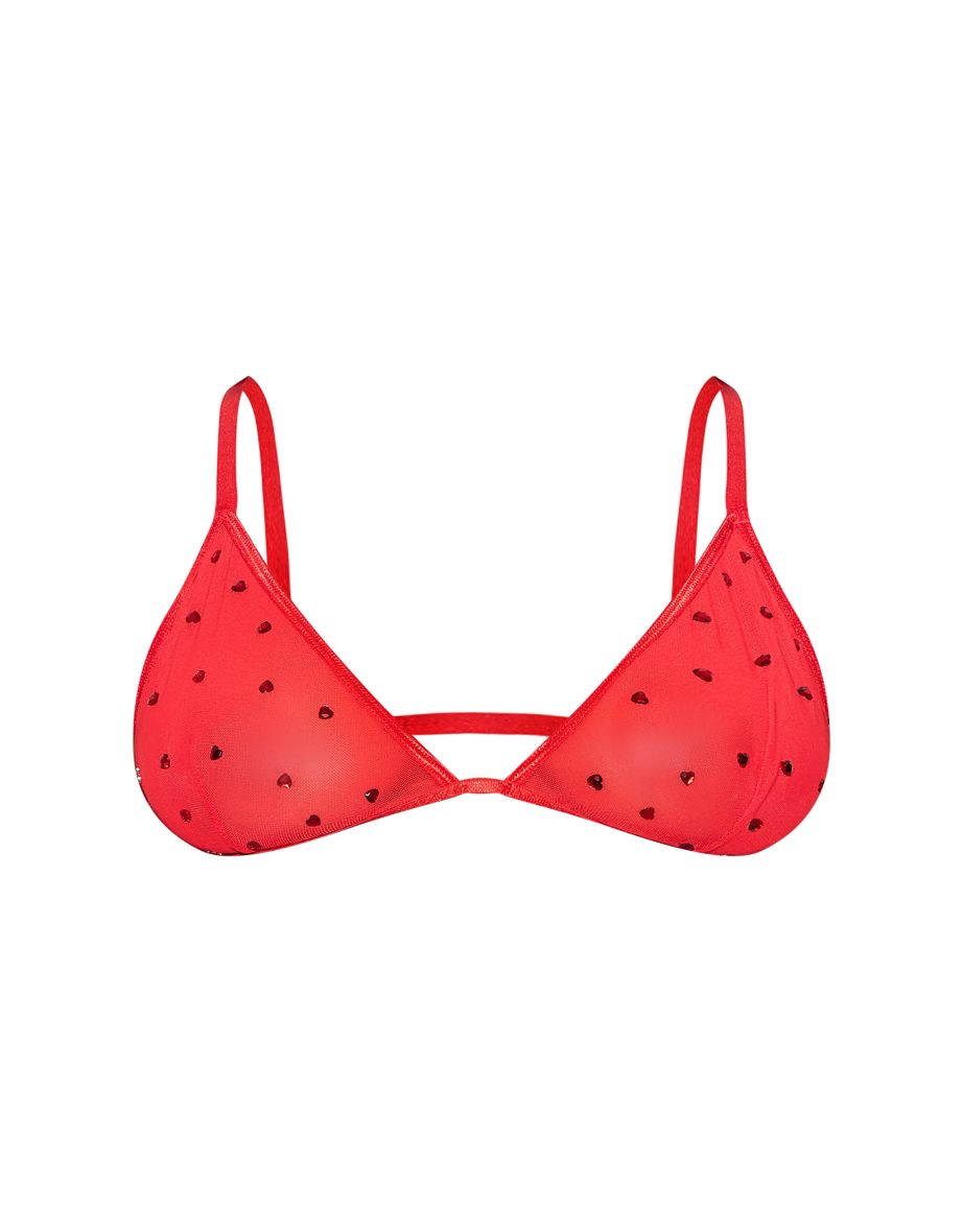 Plus Red Diamante Heart Mesh Triangle Bra - 3
