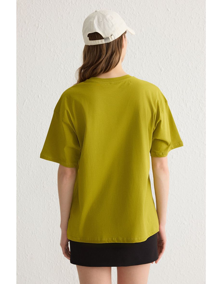 Oil Green 100% Cotton Crew Neck Boyfriend/Wide Pattern Knitted T-Shirt - 4