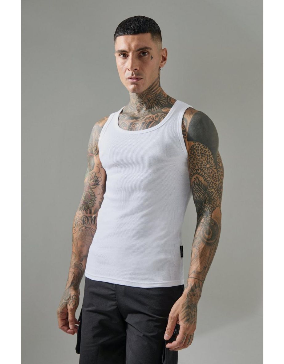 Tall Man Active Gym Muscle Fit Ribbed Vest - white