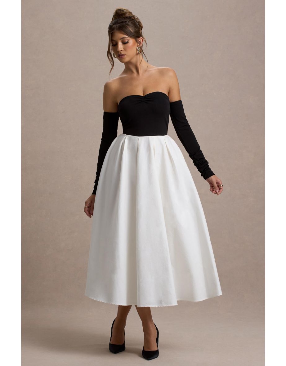 Solada | Black & Cream Bardot Pleated Maxi Dress