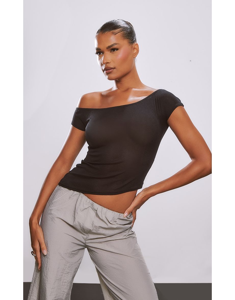 Black Burnout Mesh Asymmetric Neck Long Top