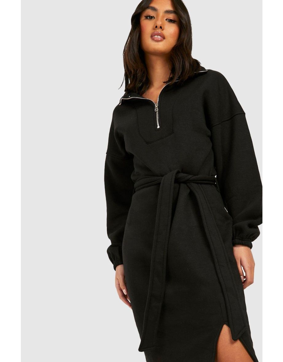 Half Zip Belted Sweatshirt Dress - black - 3