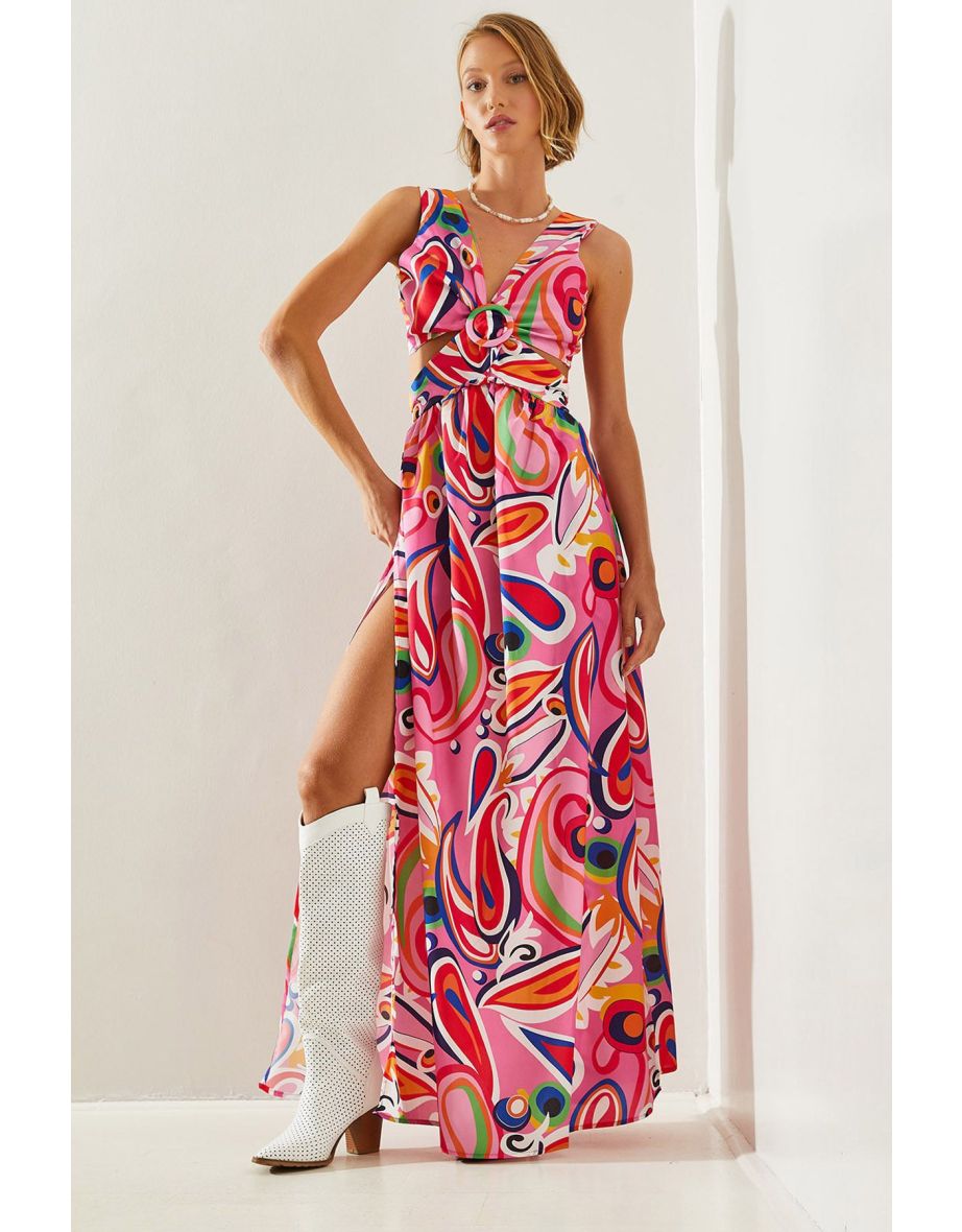 Women's Backless Kilos Cut Halter Neck Patterned Slit Detail Dress