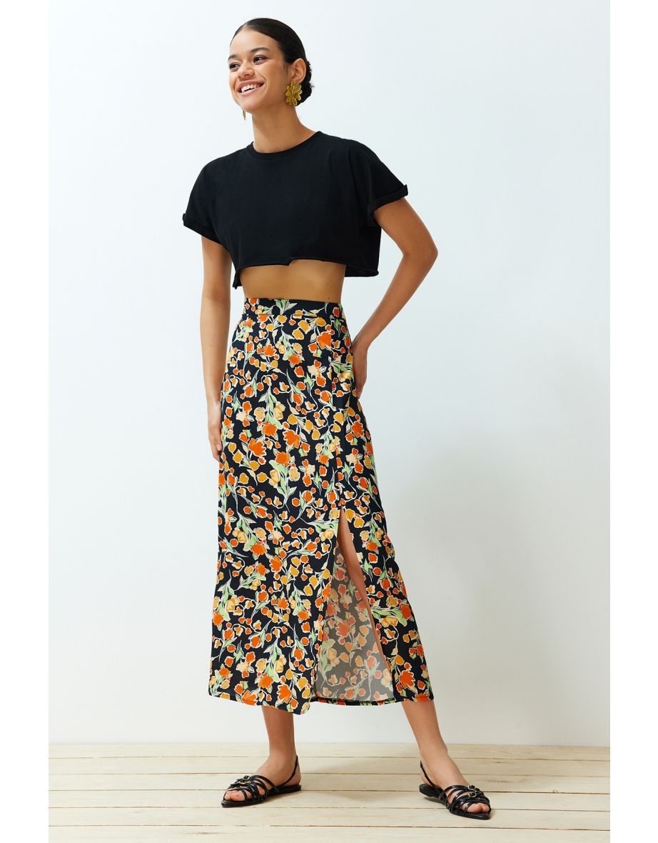 Shop Multi Color Viscose Fabric Floral Pattern Slit Midi Woven Skirt Online in Oman VogaCloset