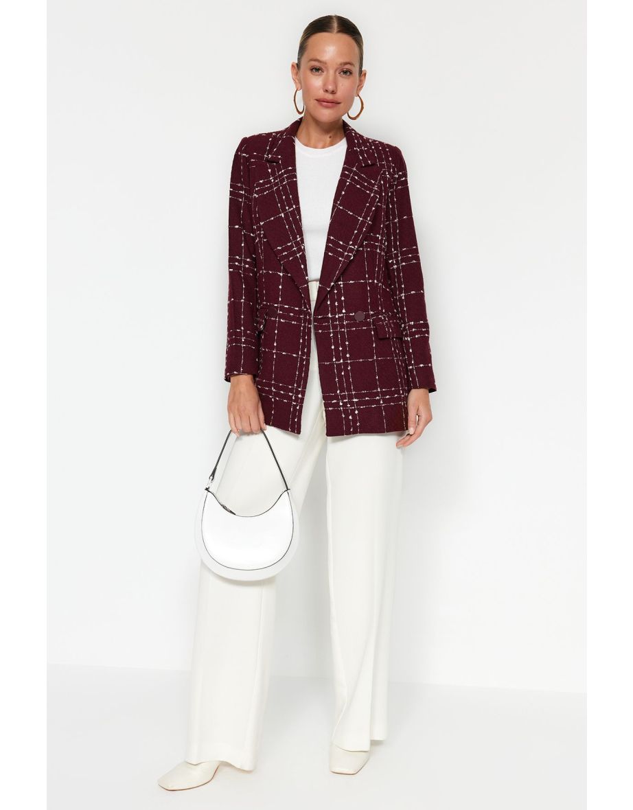 Burgundy Oversize Woven Plaid Blazer Jacket