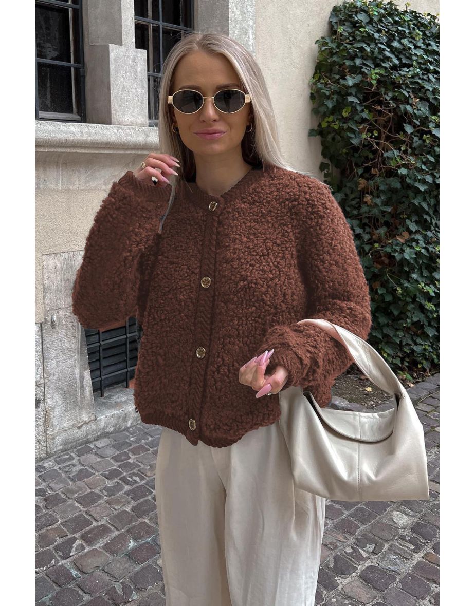 Brown Buttoned Boucle Knitwear Cardigan