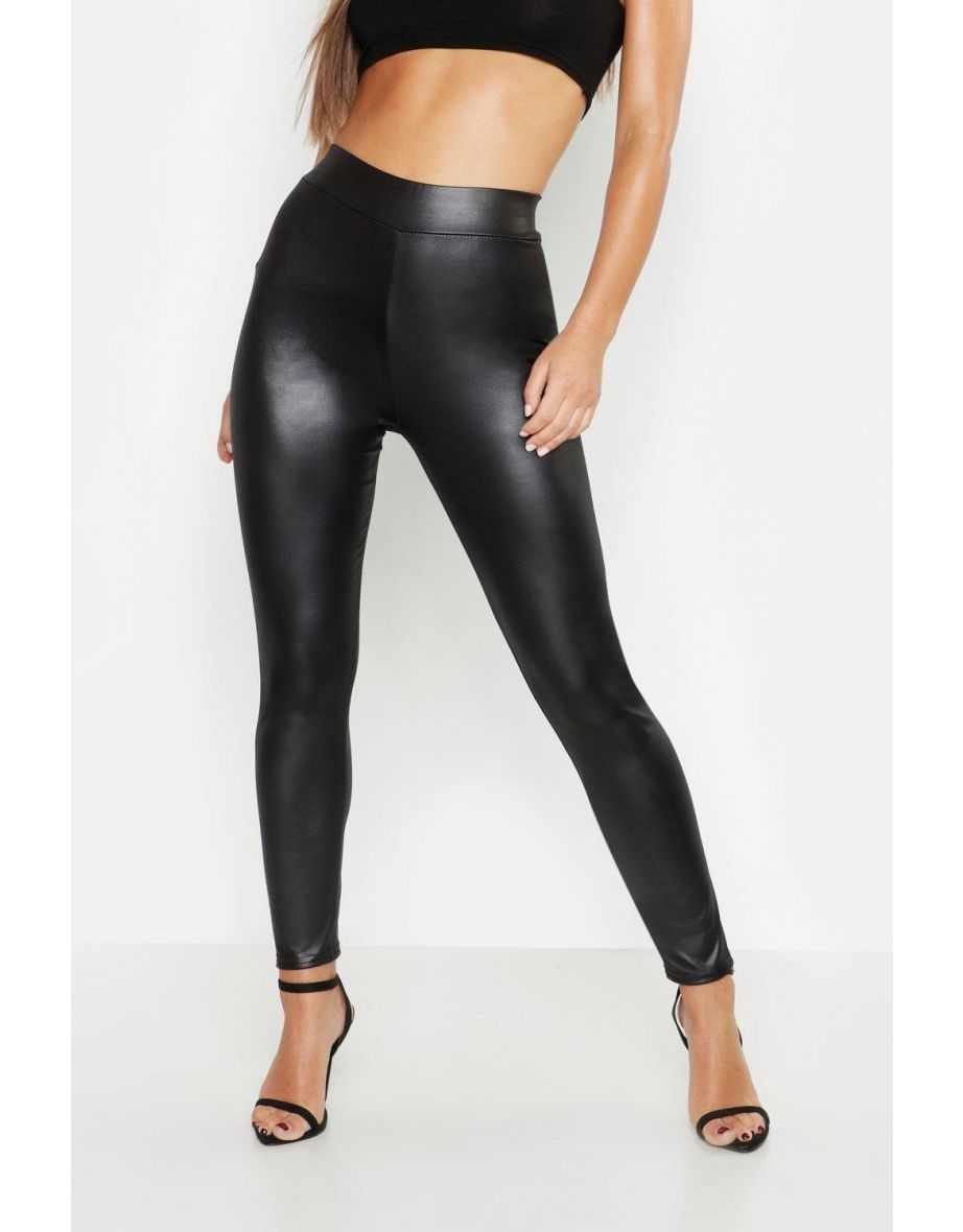 Petite High Waist Basic Wet Look Legging - black - 3