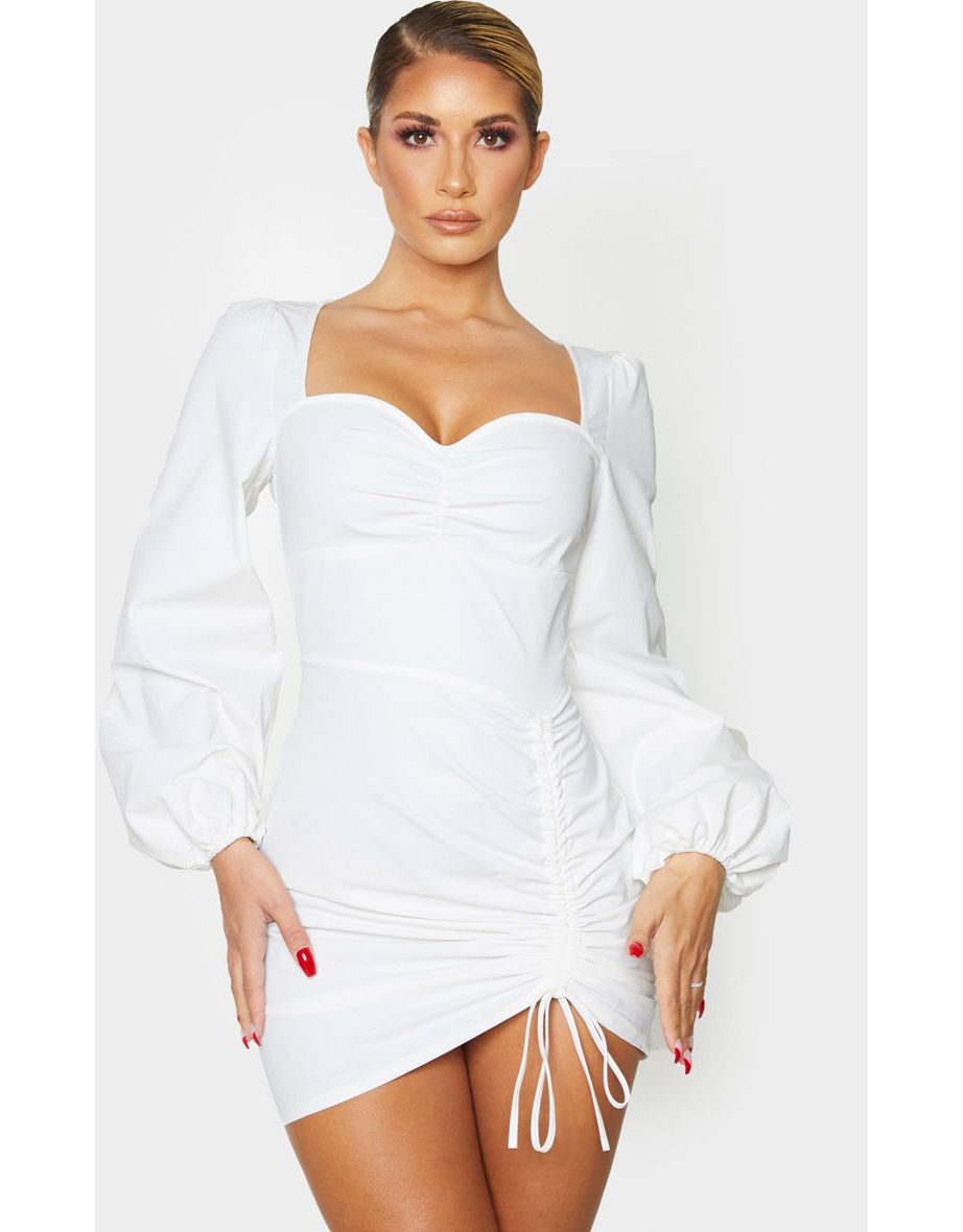 فستان قميص مزموم بأكمام طويلة - أبيض