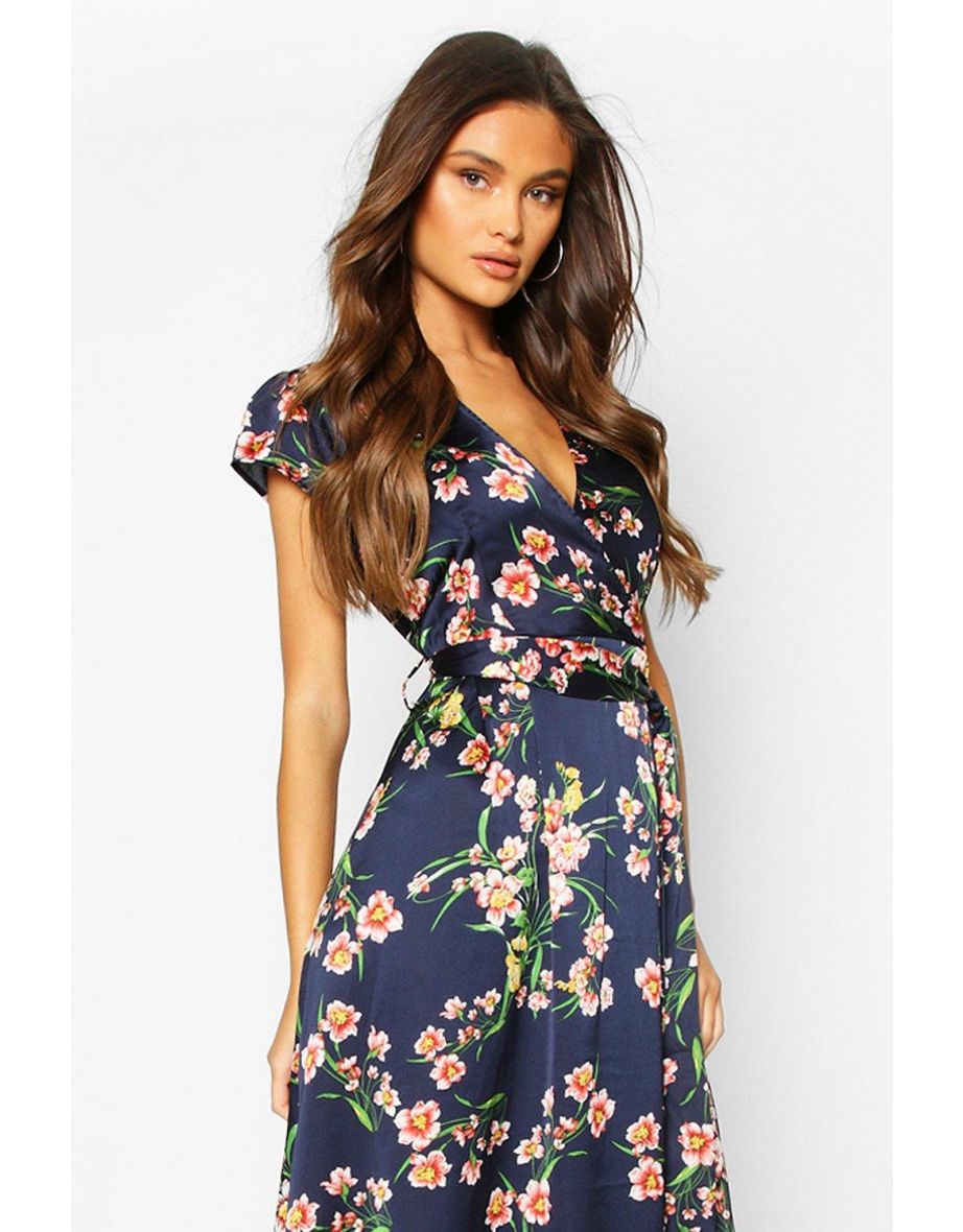 Cap Sleeve Tie Waist Floral Midaxi Dress  - navy - 3