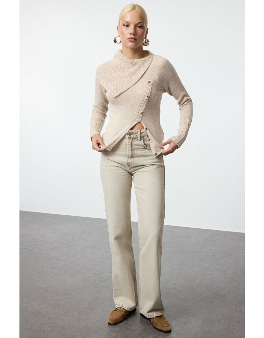 Stone Turned Collar Asymmetric Button Detailed Soft Texture Knitwear Sweater
