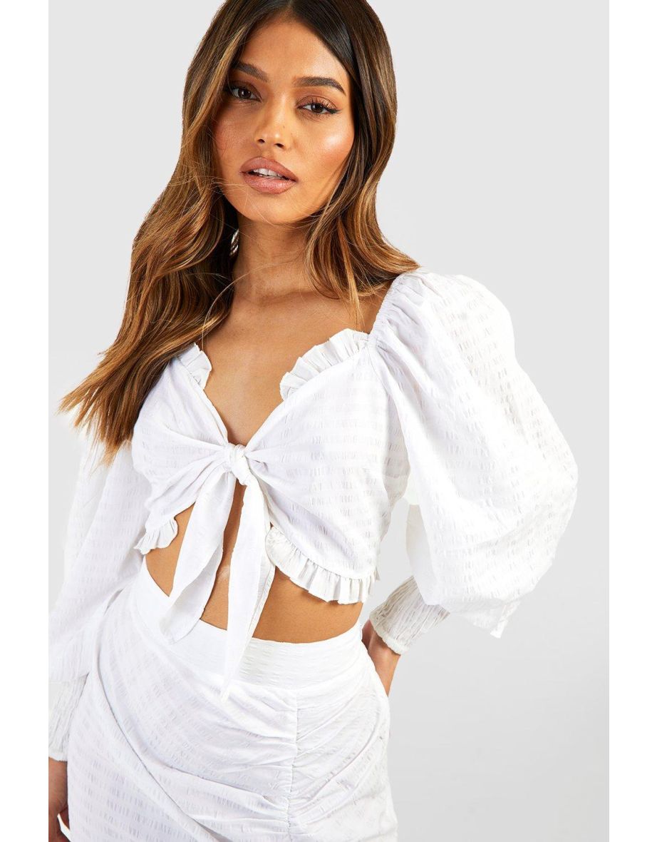 Seersucker Volume Sleeve Crop & Ruched Maxi Skirt - ivory - 3