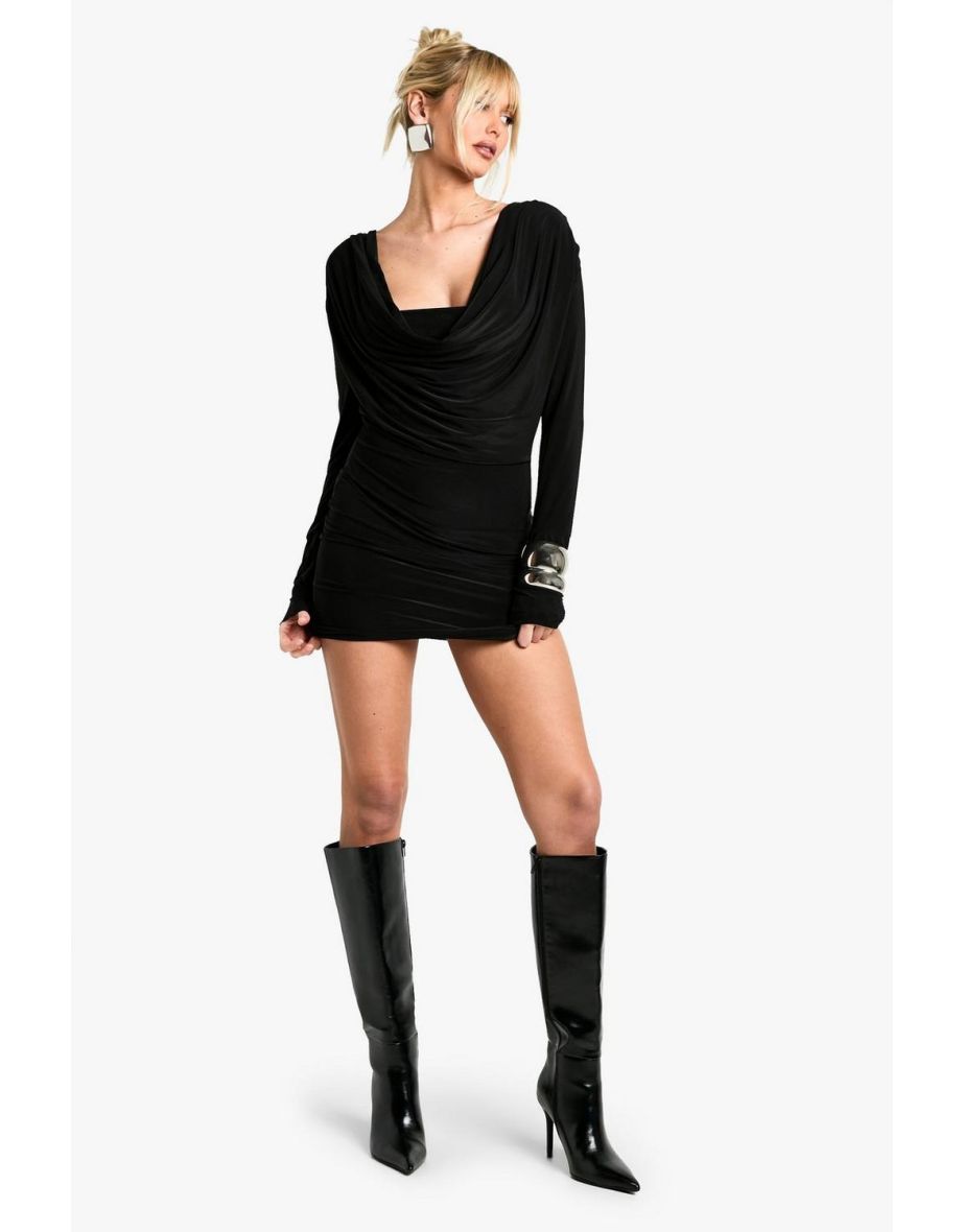 Square Neck Long Sleeve Slinky Bodycon Dress - black