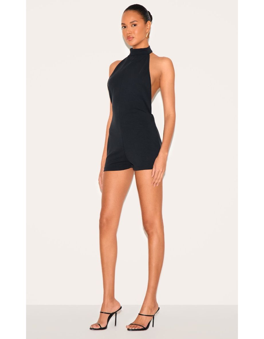 Black Premium Soft Touch Backless Halter Neck Unitard