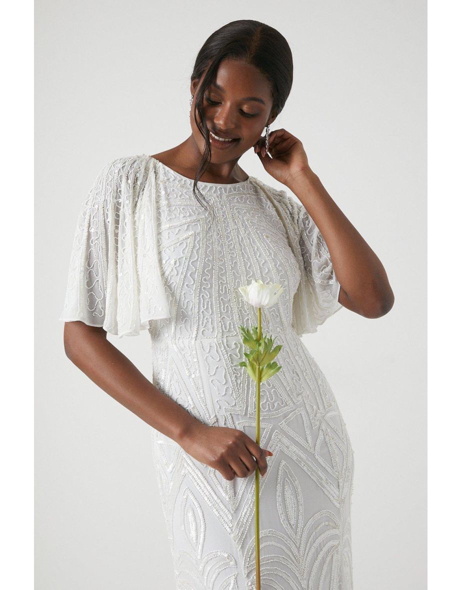 Premium Embellished Angel Sleeve Fishtail Wedding Dress - 3