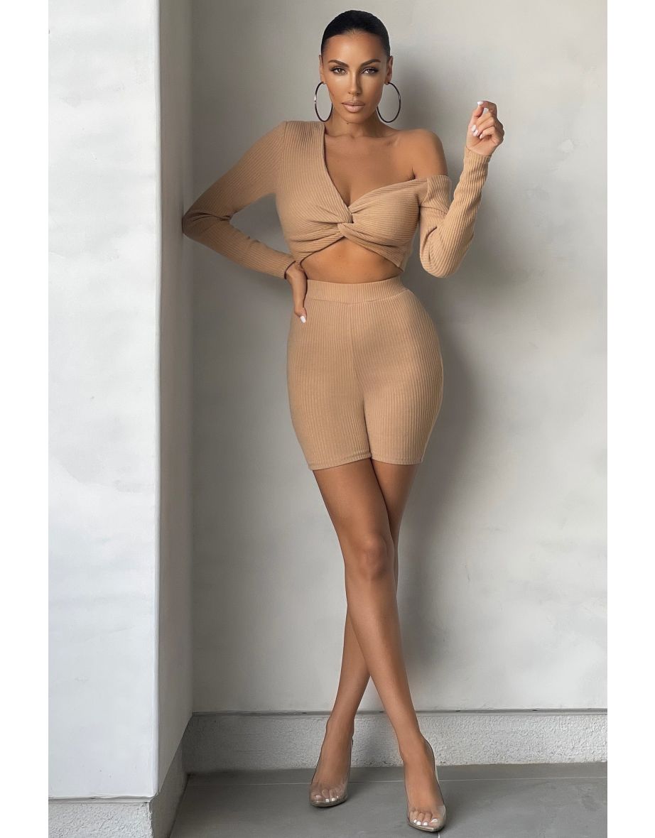 Camel Ribbed high Waist Cycling Short