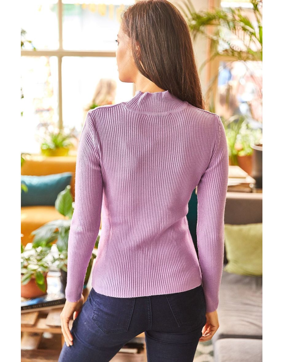 Women's Lilac Half Turtleneck Zigzag Textured Soft Knitwear Sweater - 5