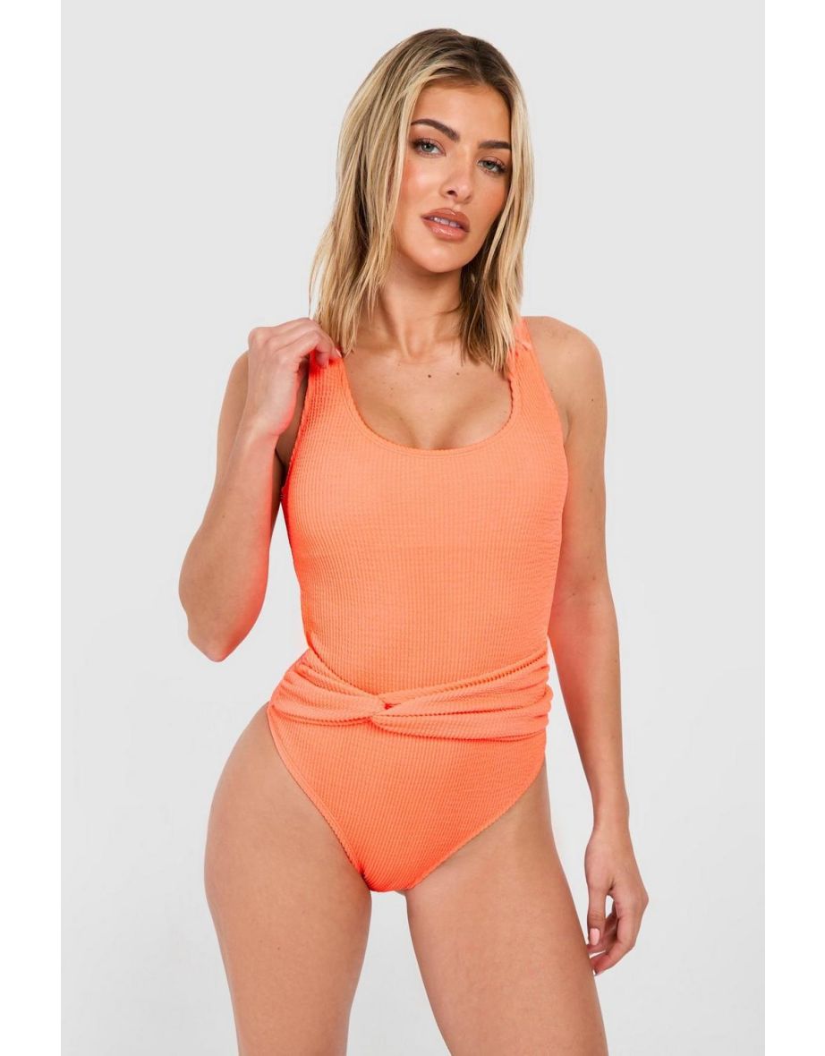 Shop Crinkle Belted Scoop Swimsuit neon orange Online in Qatar VogaCloset