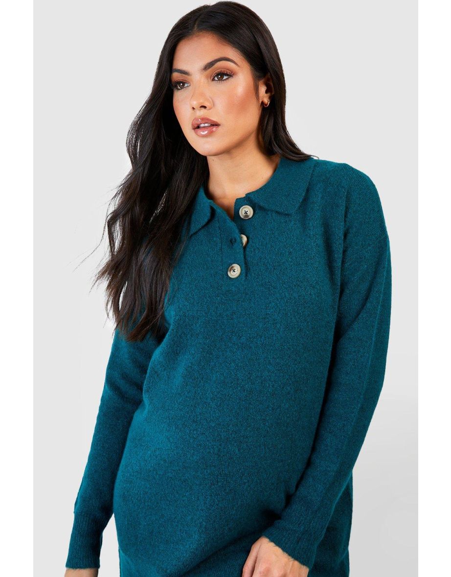 Maternity Polo Button Collar Knitted Maxi Dress - jade - 3
