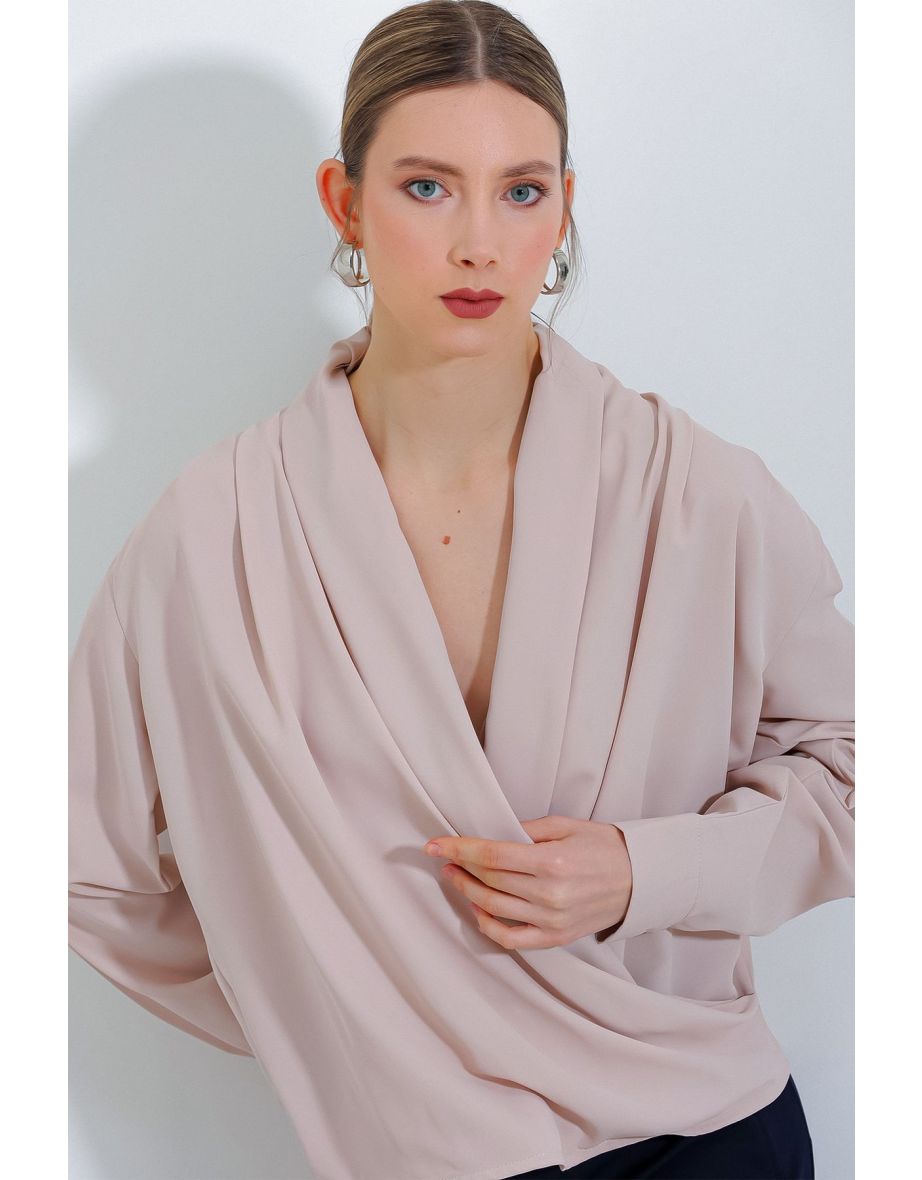 Women's Cream Double Breasted Neck Flowy Satin Blouse