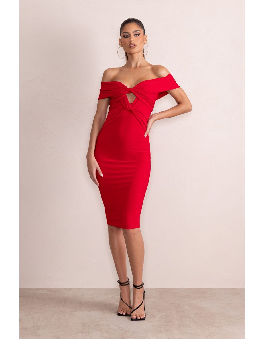 Hadley | Red Twist Detail Bardot Bodycon Midi Dress - 3