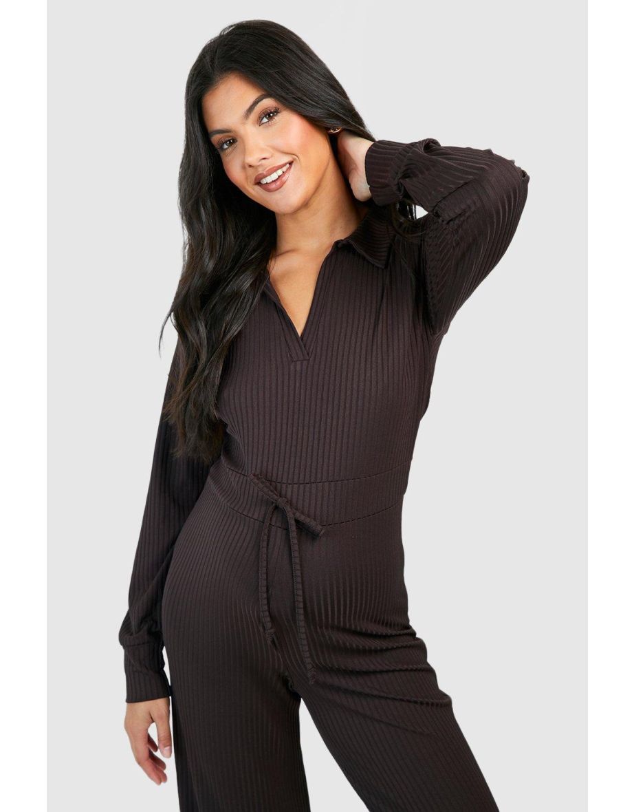 Maternity Collared Wide Leg Loungewear Jumpsuit - chocolate - 3