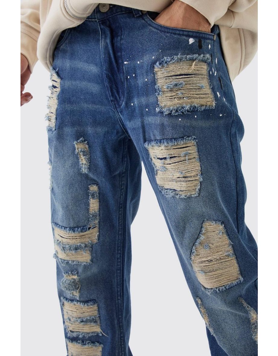 Straight Leg Ripped Paint Splatter Jeans - vintage blue - 2