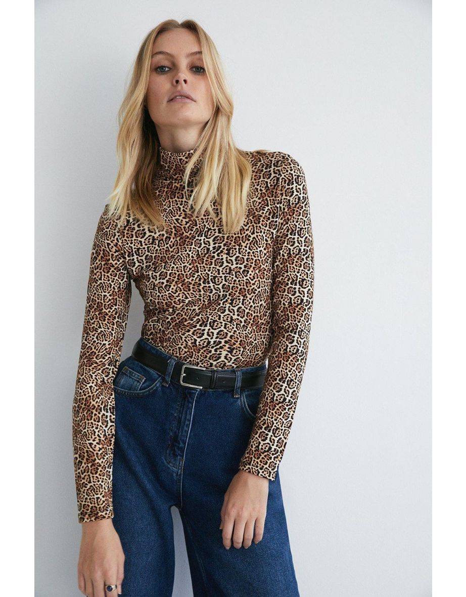 Animal Print Roll Neck Long Sleeve Top