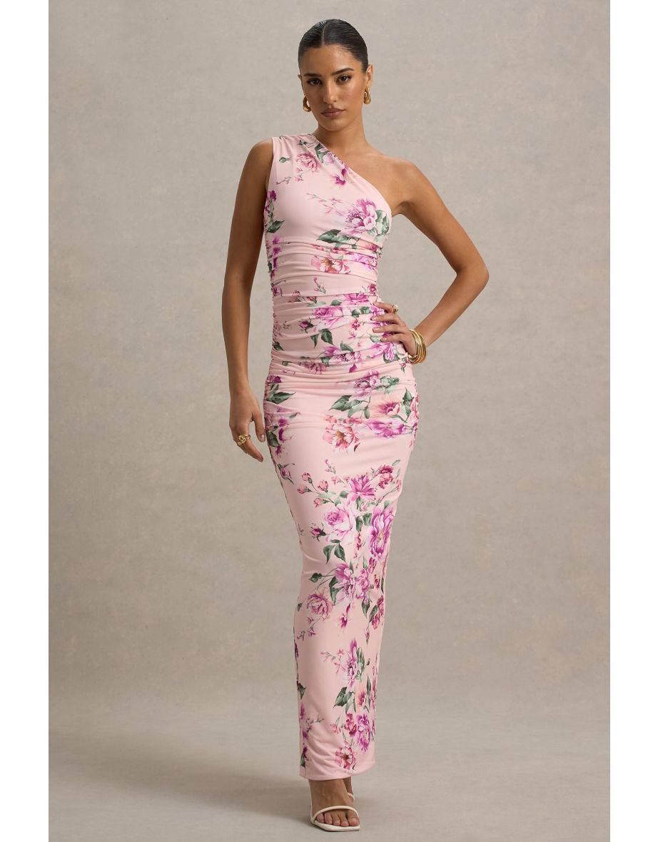 Dalarie | Pink Floral Print One-Shoulder Gathered Maxi Dress