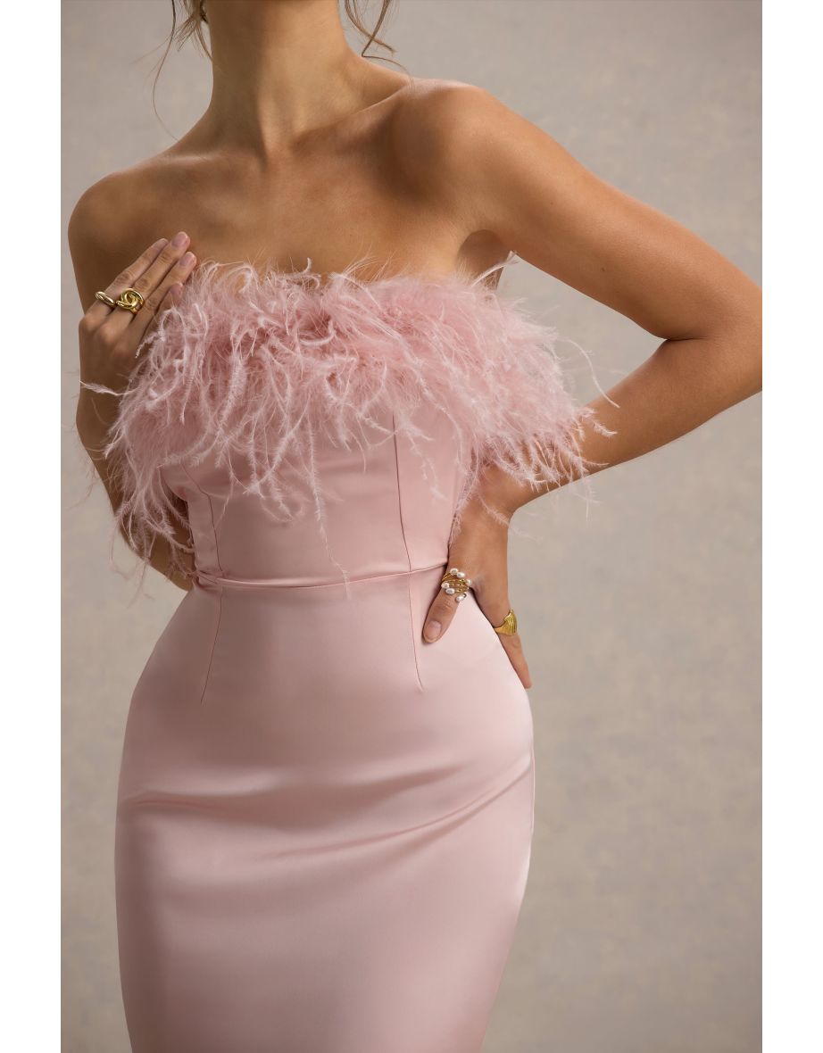 Dress For It | Pale Pink Satin Feather Trim Maxi Dress - 5