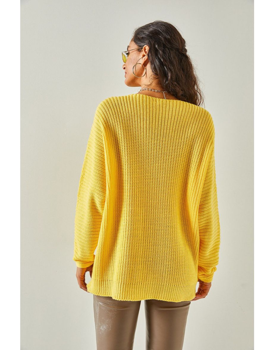 Women's Yellow V Neck Thessaloniki Knit Oversize Knitwear Tunic - 5