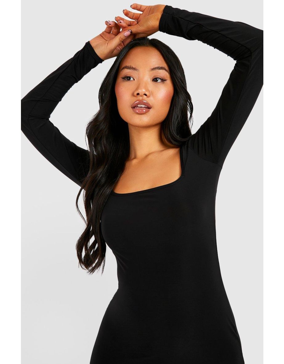 Petite Long Sleeve Square Neck Slinky Maxi Dress - black - 3