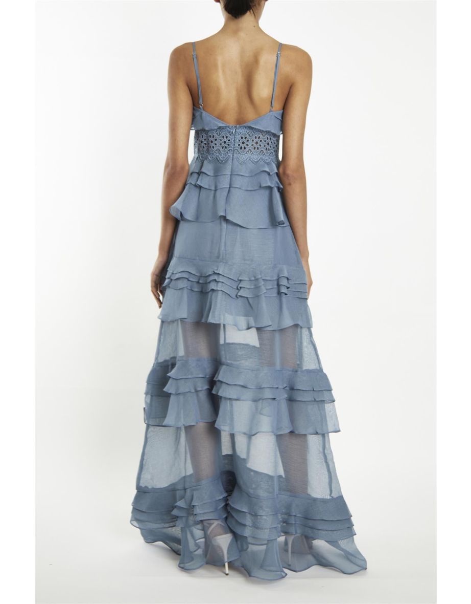 Sophia Mid Steel-Blue Plunge Front Tiered Ruffle Floor-Dress - 1
