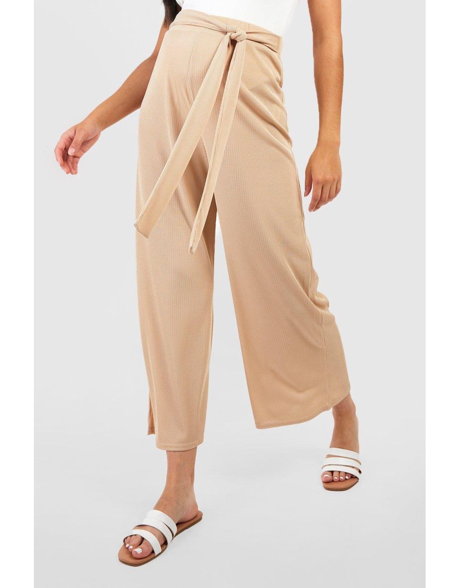Maternity Belted Rib Culottes - stone - 3