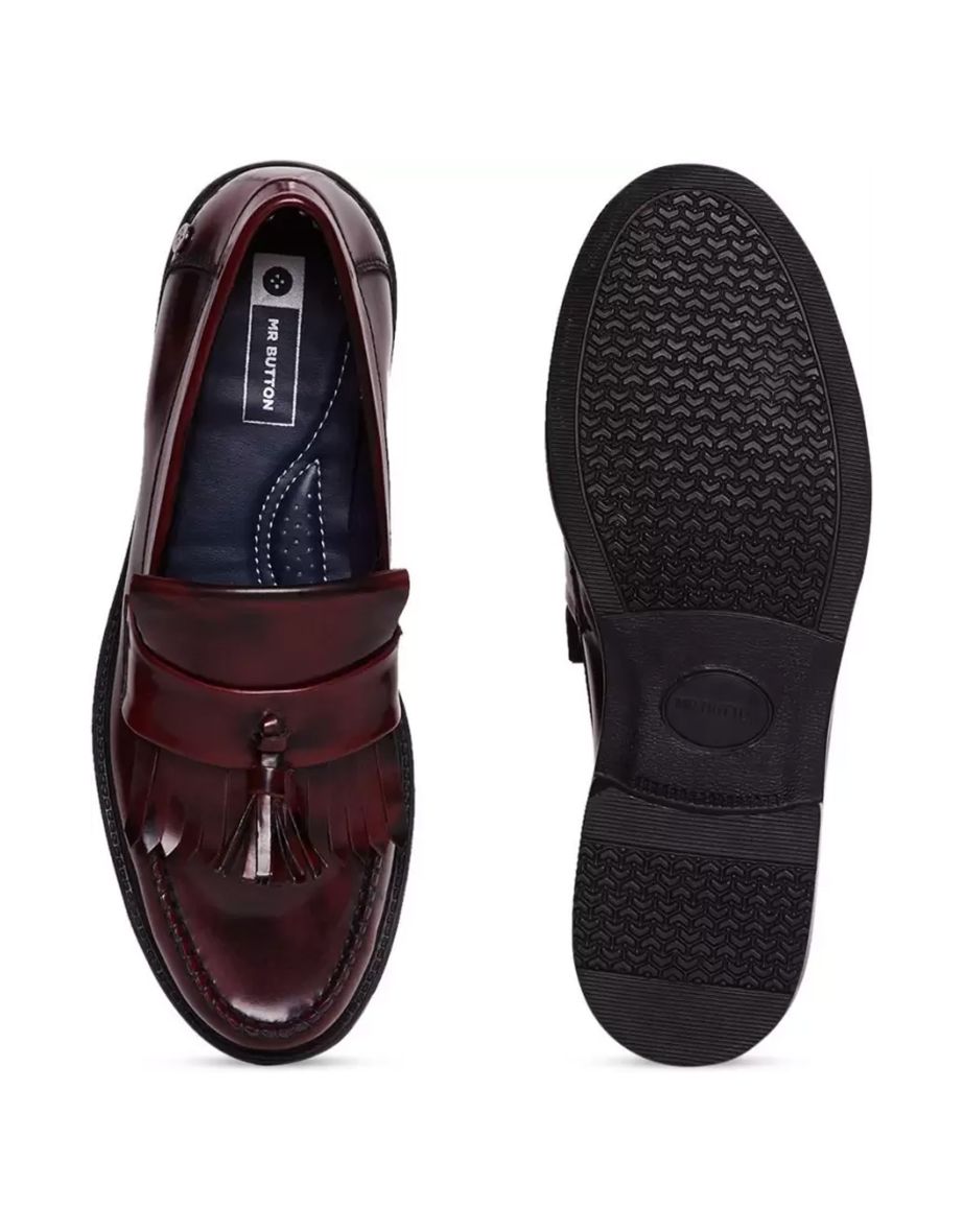 Roamers Mens Toggle Saddle Hi-Shine Leather Loafers - Oxblood - 2