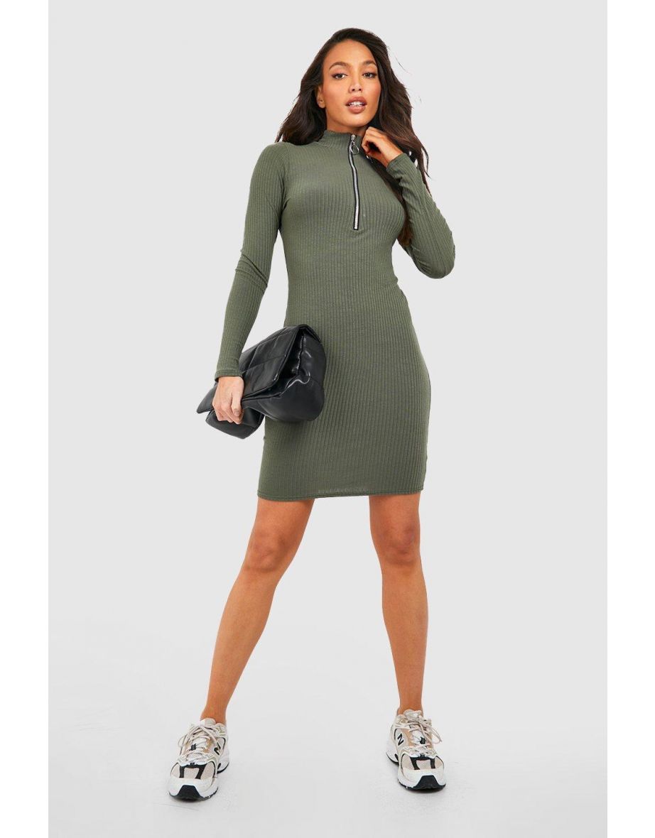 Tall Long Sleeve Zip Front Knitted Rib Mini Dress - khaki