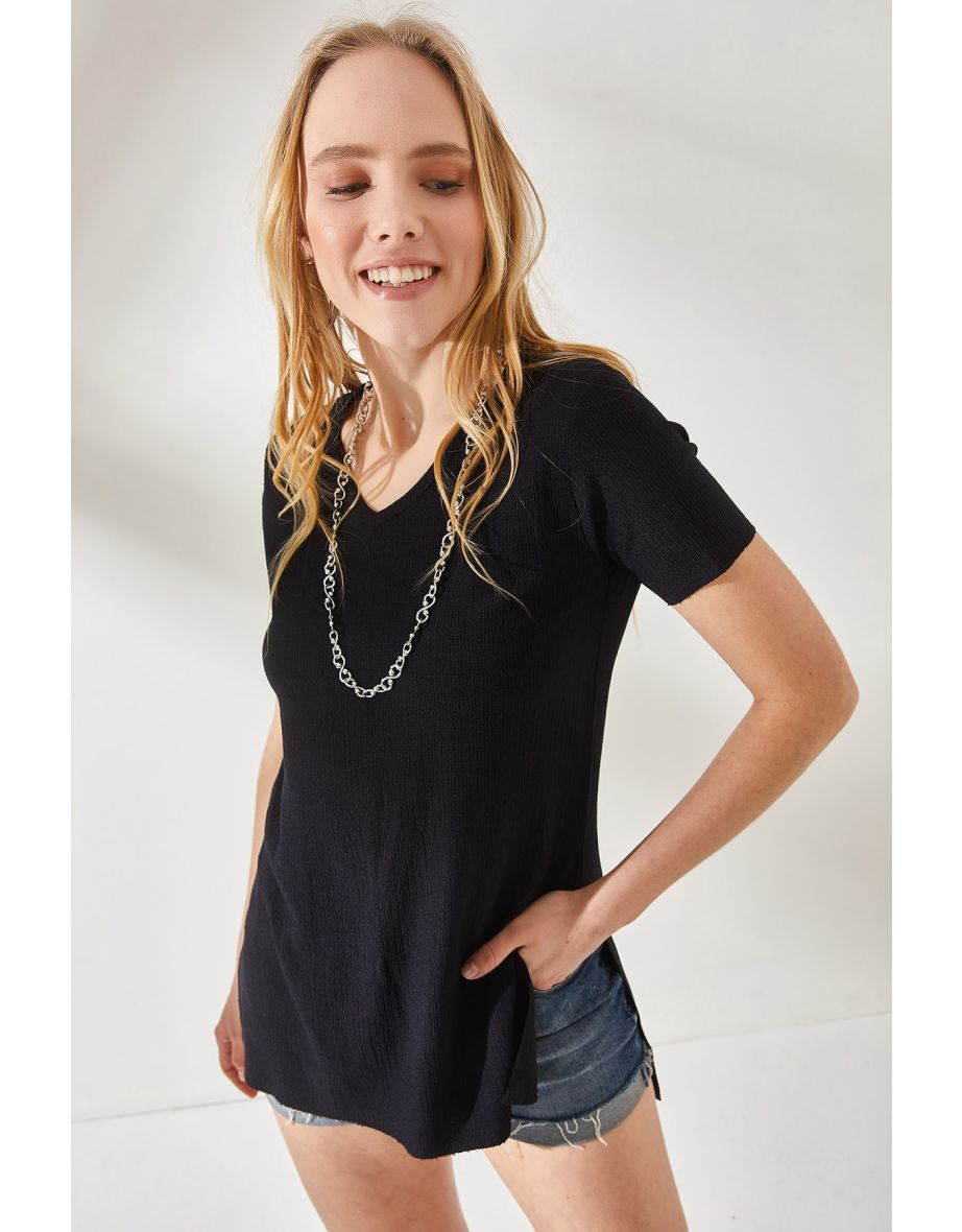 Women's Black V-neck with side slits, textured T-Shirt .