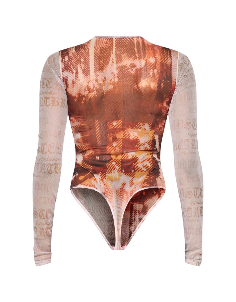 Cream Newspaper Print Mesh Long Sleeve Bodysuit - 5