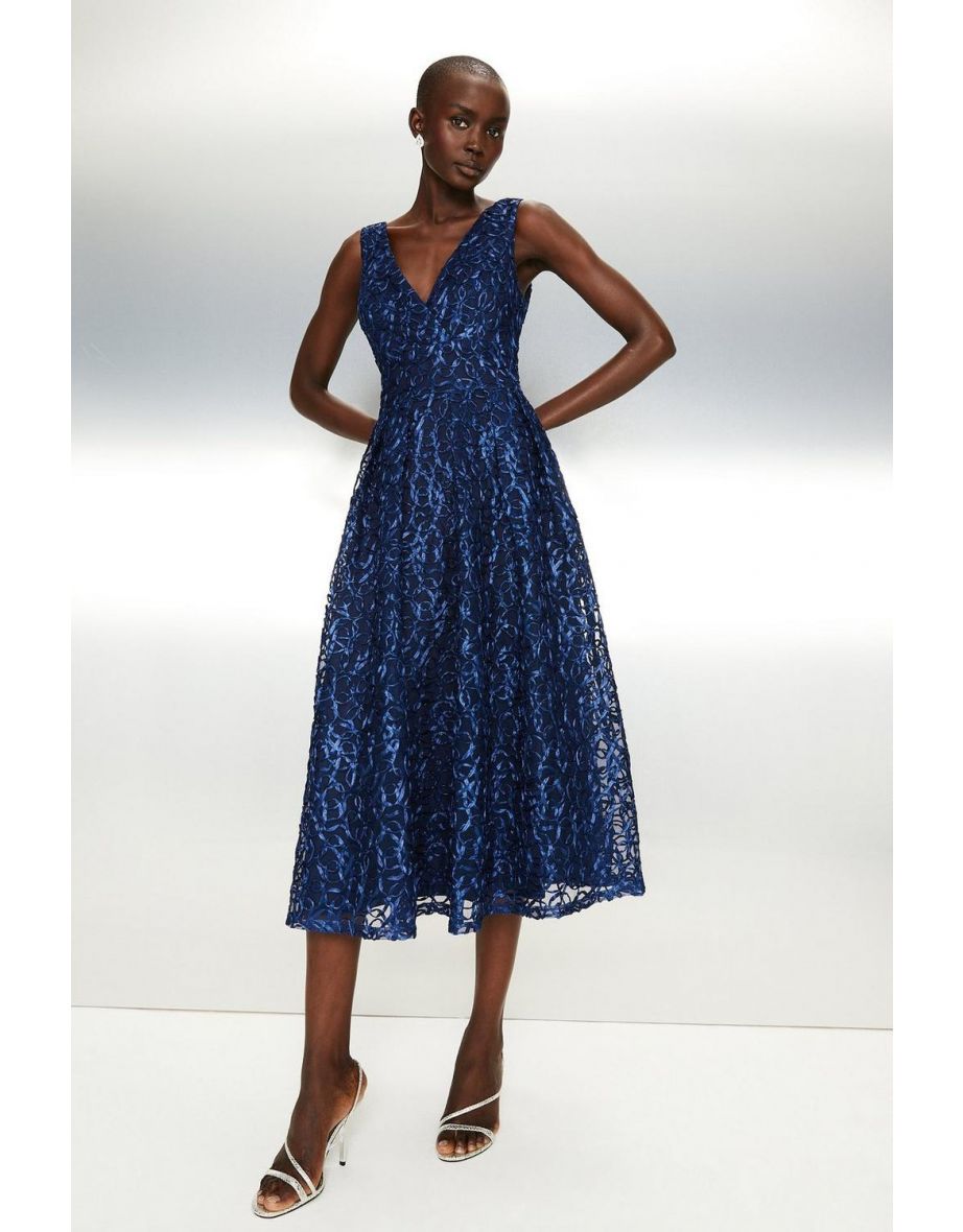 Wrap Front Embroidered Full Skirt Midi Dress​