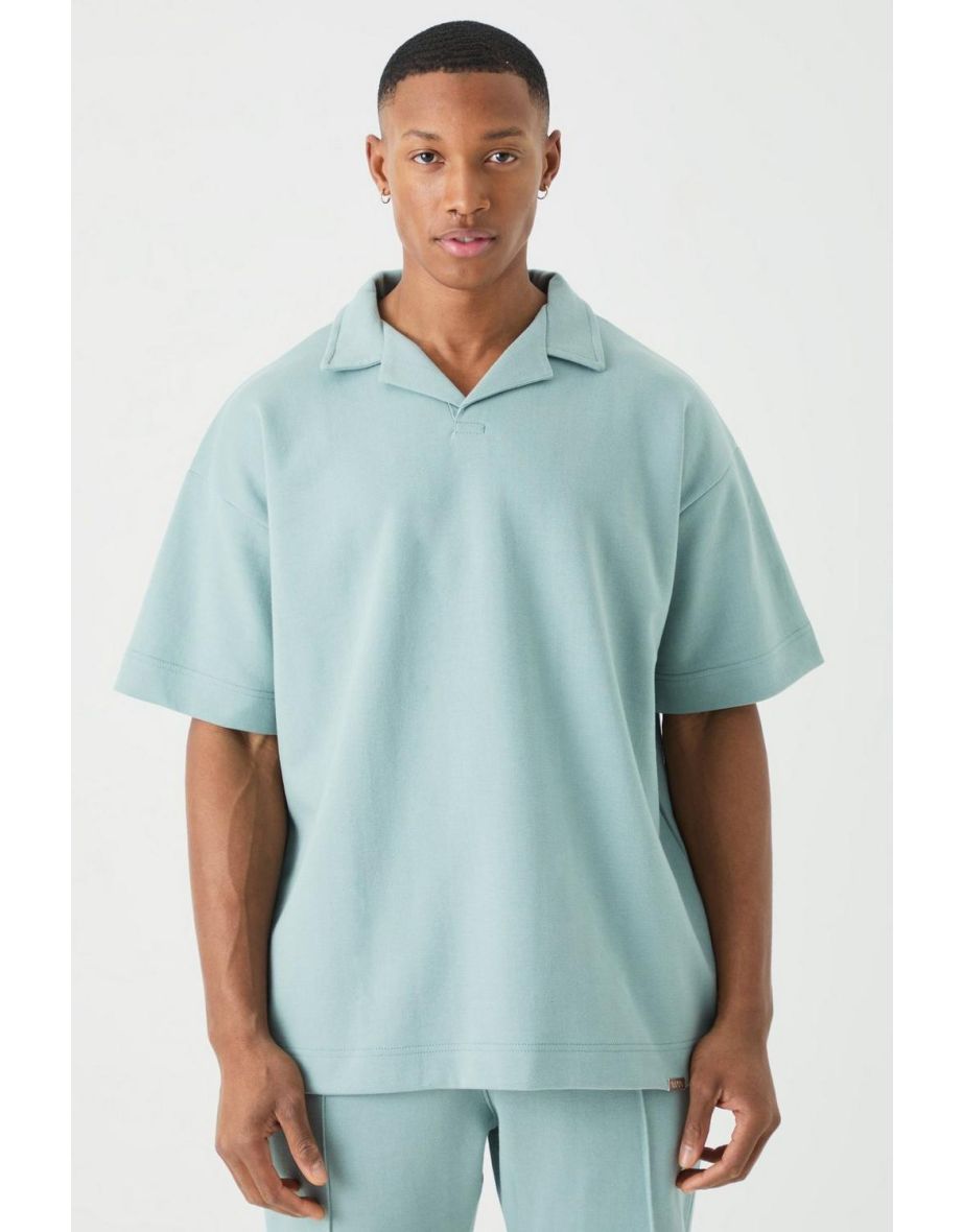 Oversized Man Heavy Interlock Revere Polo - dusty blue