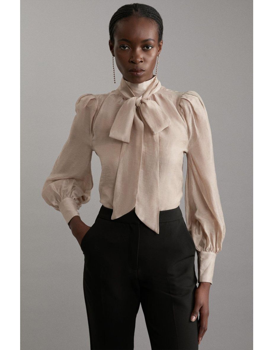 Linen Blend Organdie Woven Bow Blouse