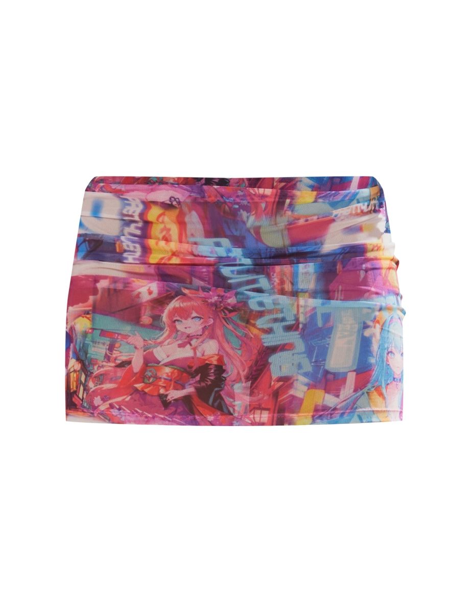 Multi Anime Print Mesh Micro Mini Skirt - 5