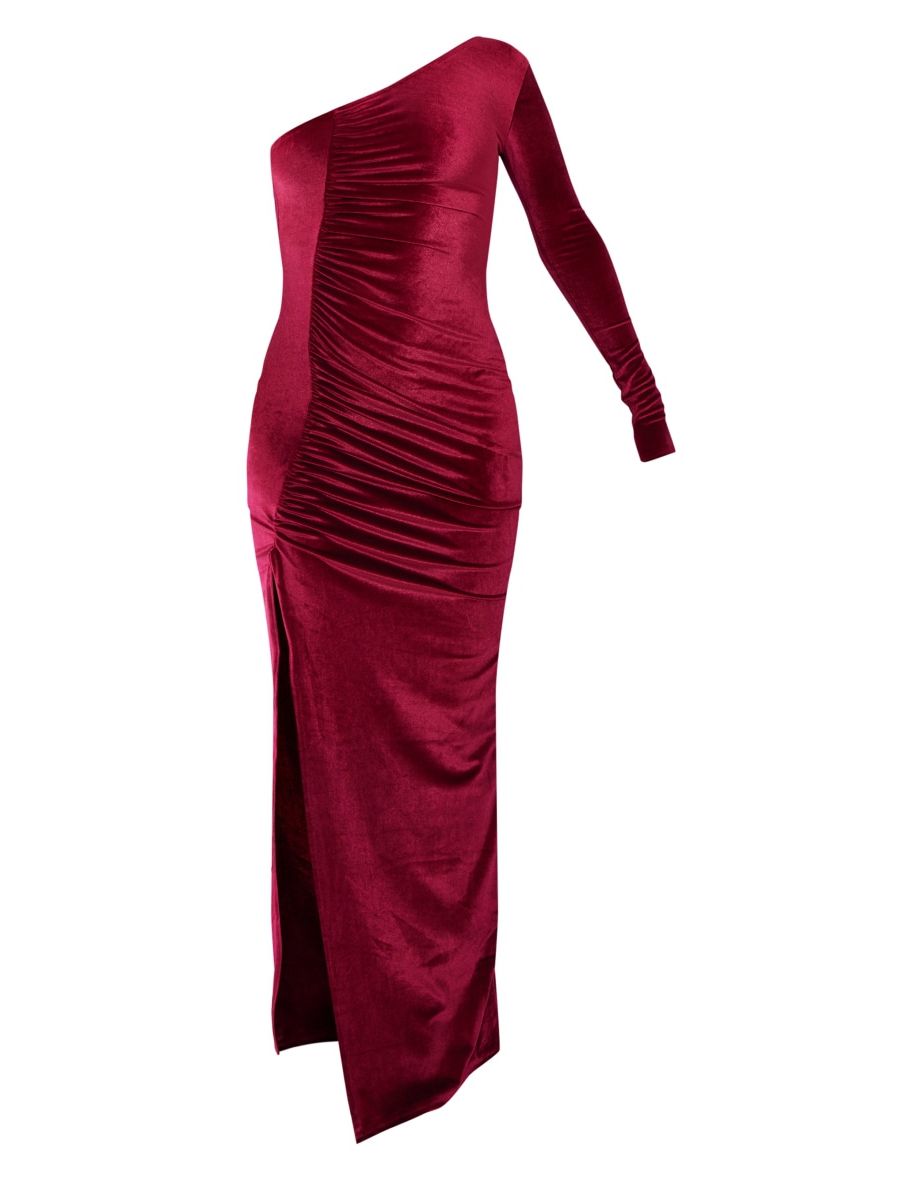 Burgundy Velvet One Shoulder Ruched Split Maxi Dress - 4