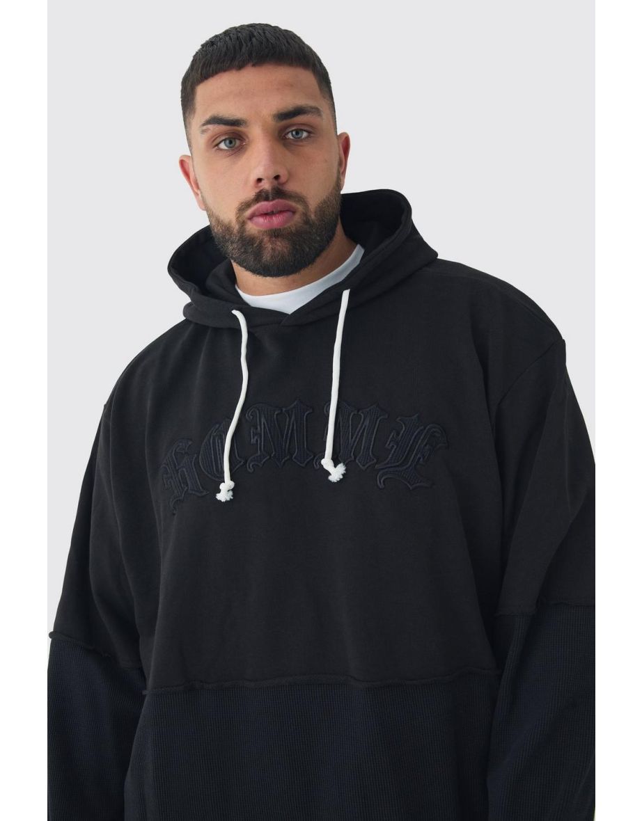 Plus Oversized Faux Layer Homme Waffle Hoodie - black - 2