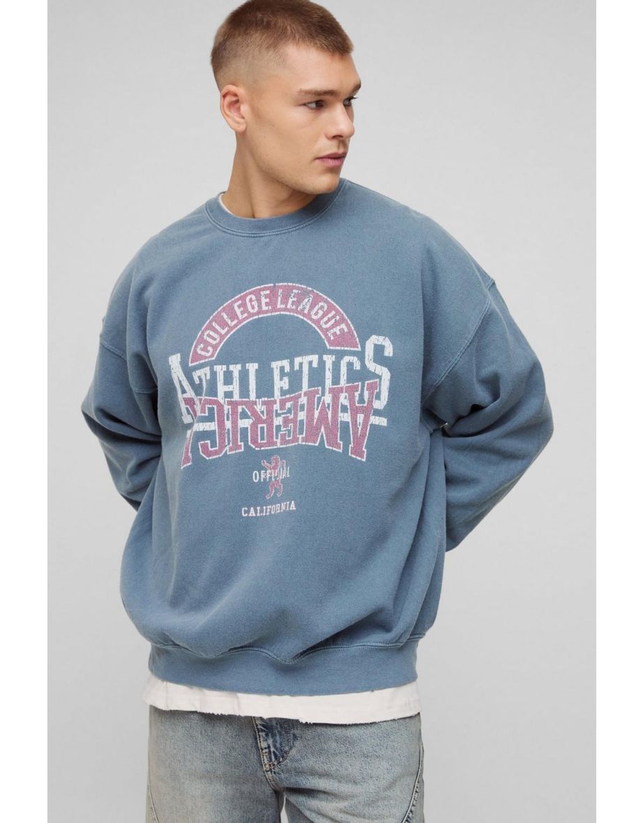 Oversized Washed Varsity Graphic Sweatshirt - slate blue