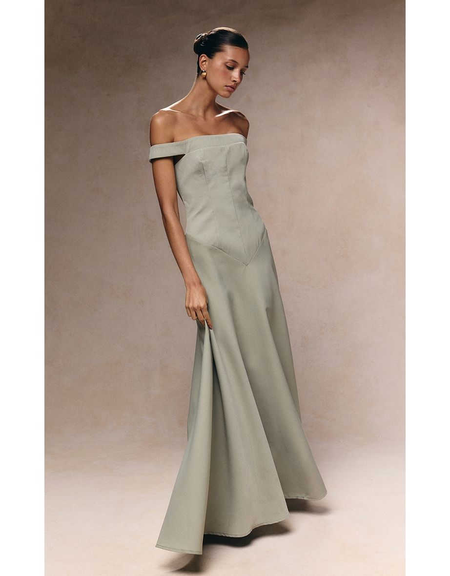 Sage Green Structured Bardot V Waist Maxi Dress
